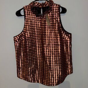 J. Crew NEW Ruffleneck Sleeveless Top in Metallic Copper & Navy Gingham Size Med
